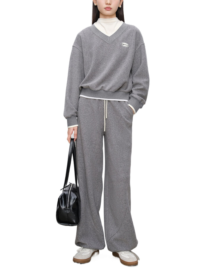 Contrast V-Neck Sweatshirt Pants Set