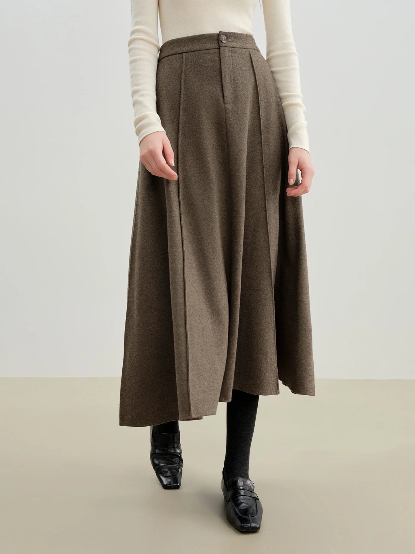 Taupe Wool Pleated Flared Midi Skirt