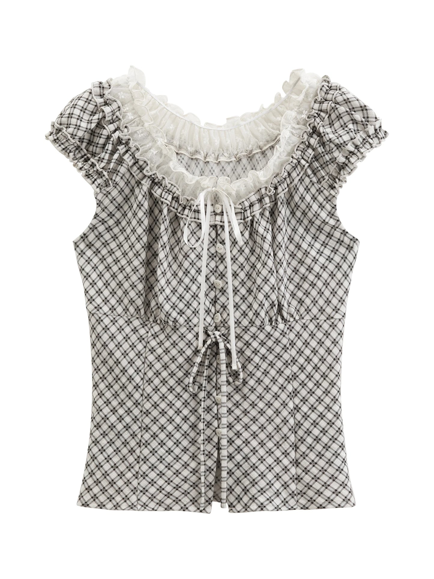 Black Plaid Lace Trim Blouse