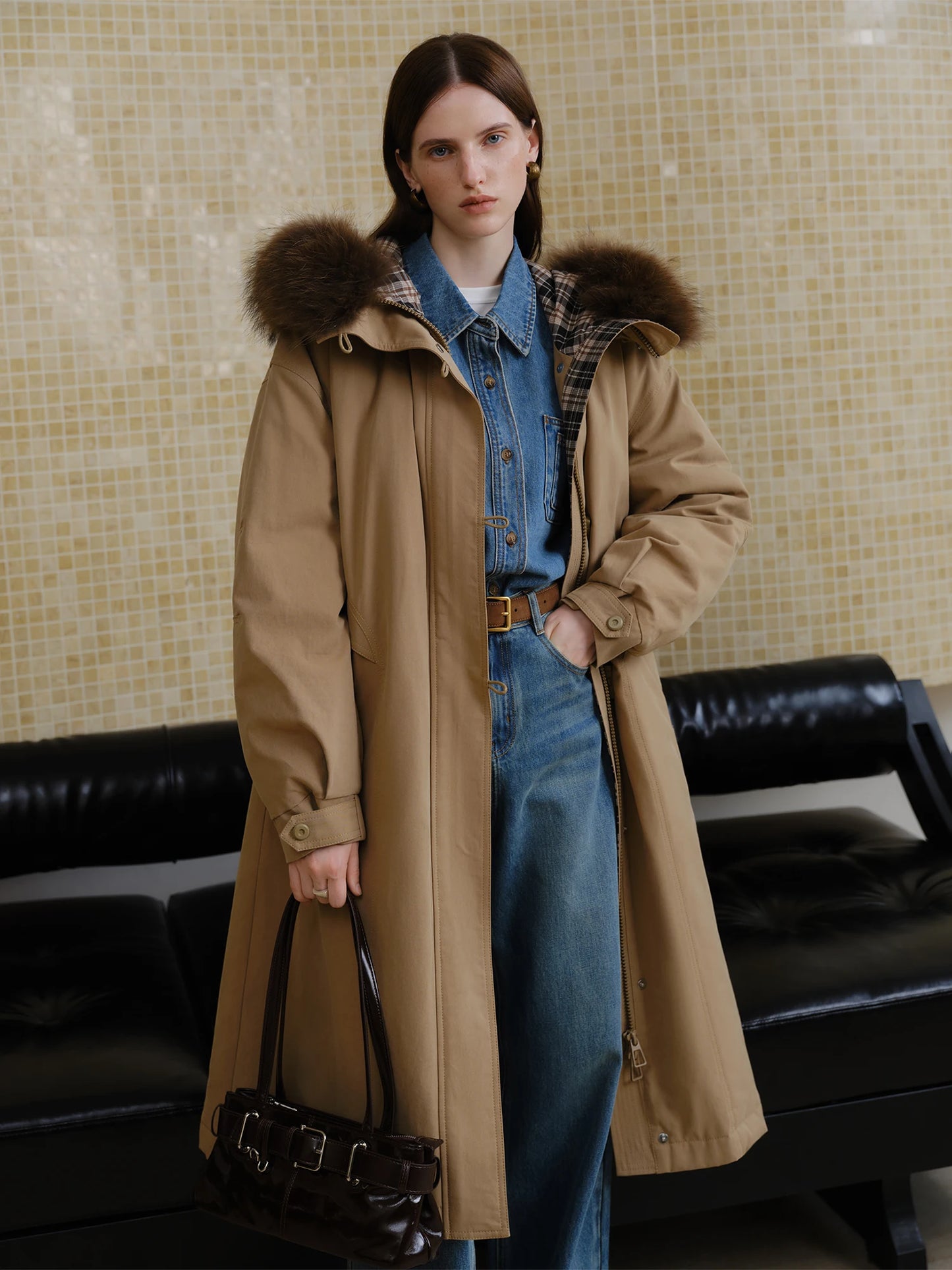 Khaki Fur Hood Parka Coat