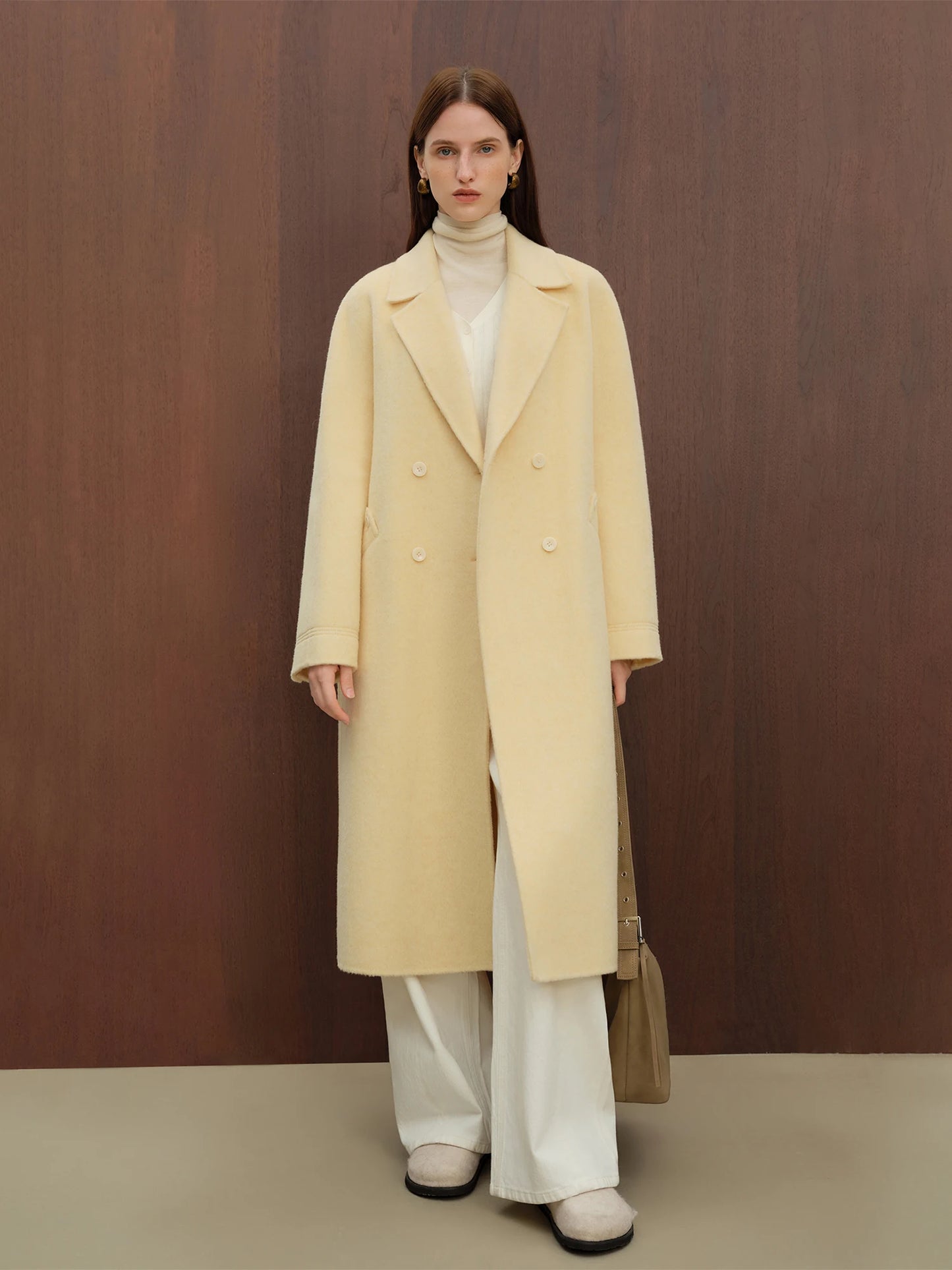 Cream Belted Lapel Wool Coat