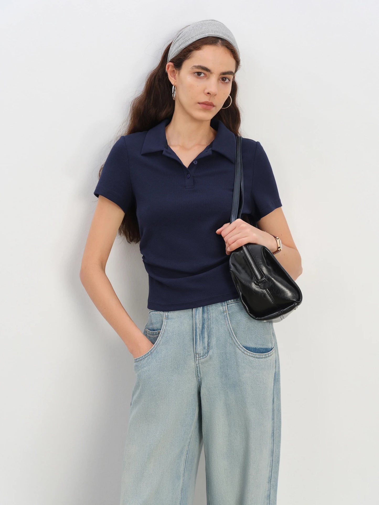 Black Striped Ribbed Polo Tee