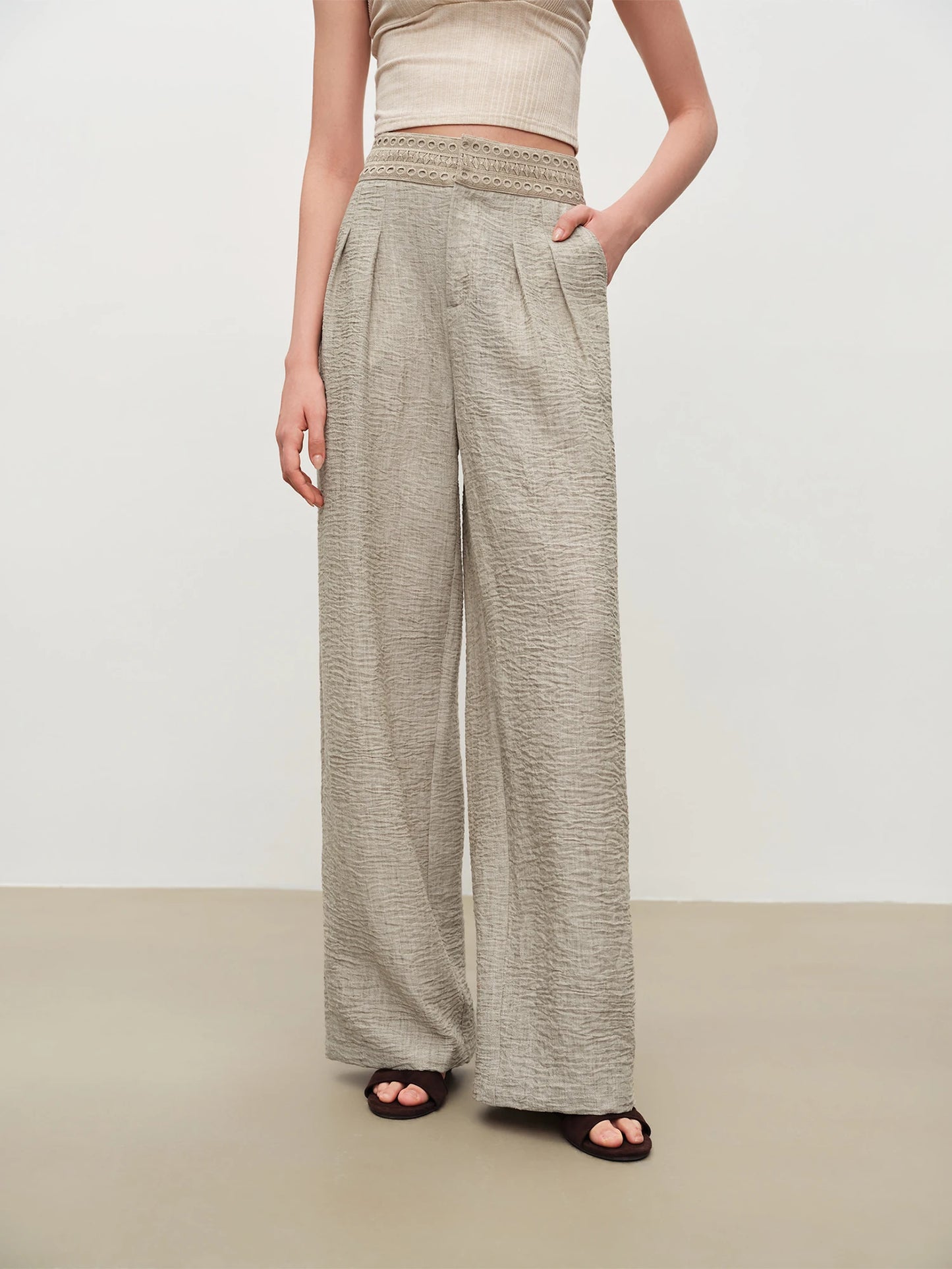 Beige Lace Waist Wide Leg Pants