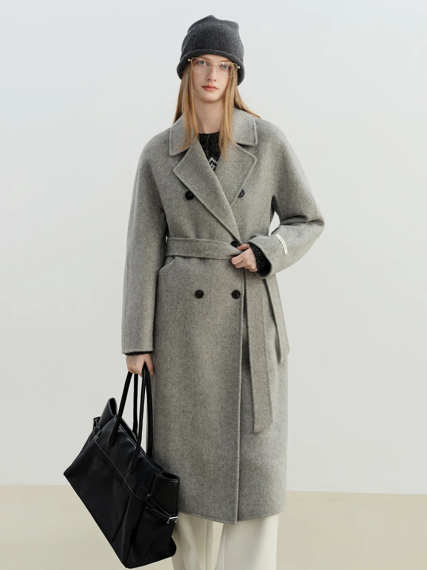 Ivory Belted Lapel Wool Coat