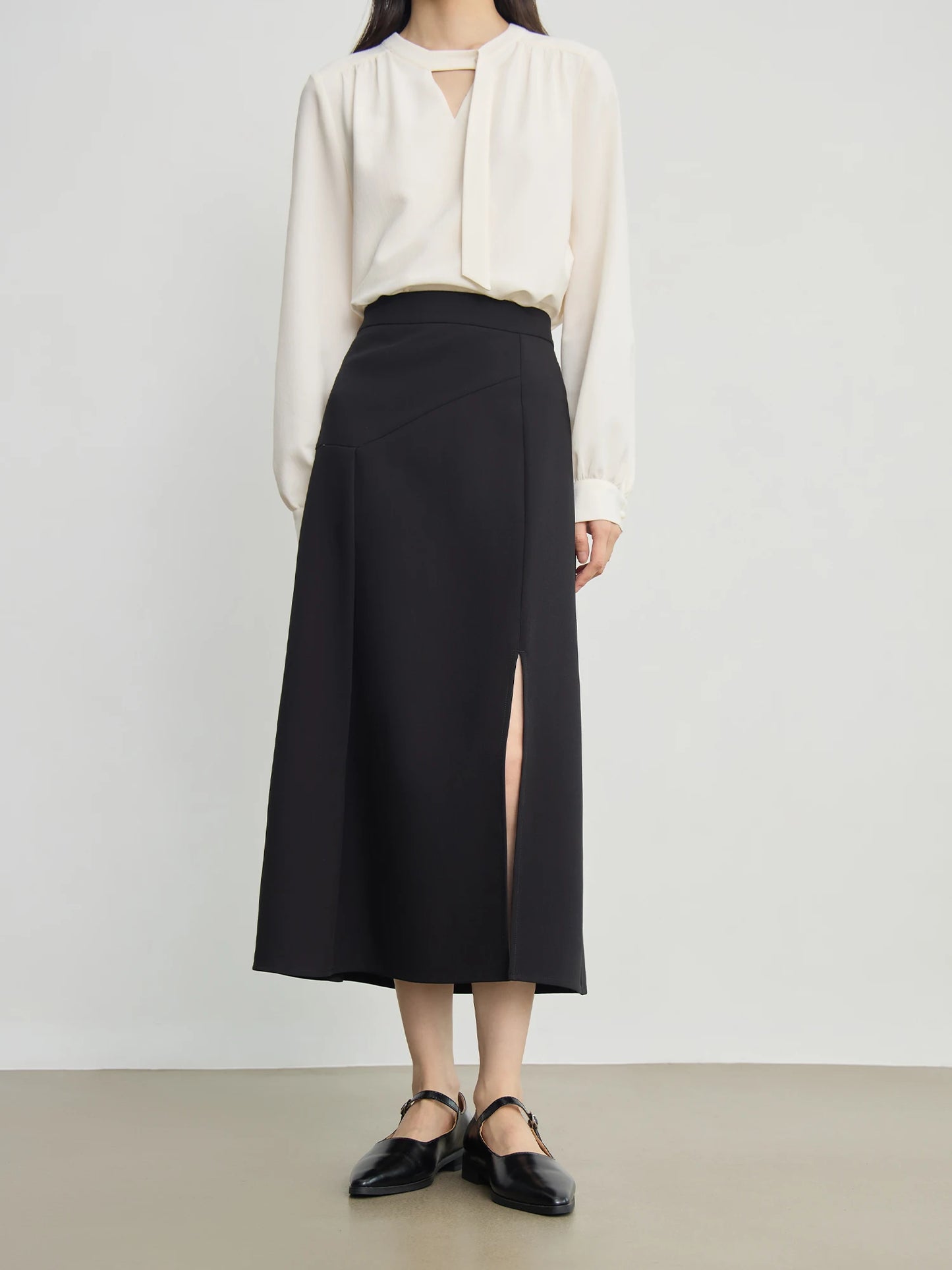 Black Asymmetric Slit Midi Skirt