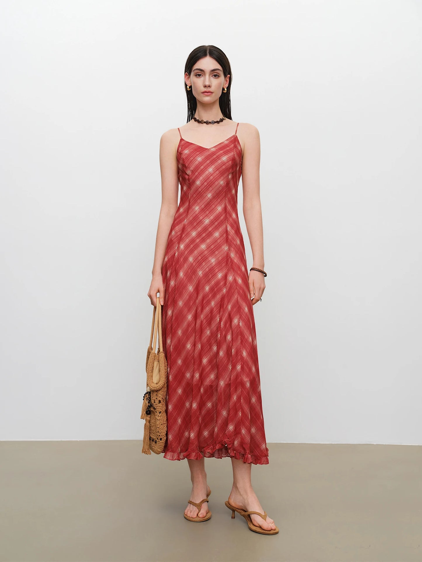 Red Check Halter Midi Dress