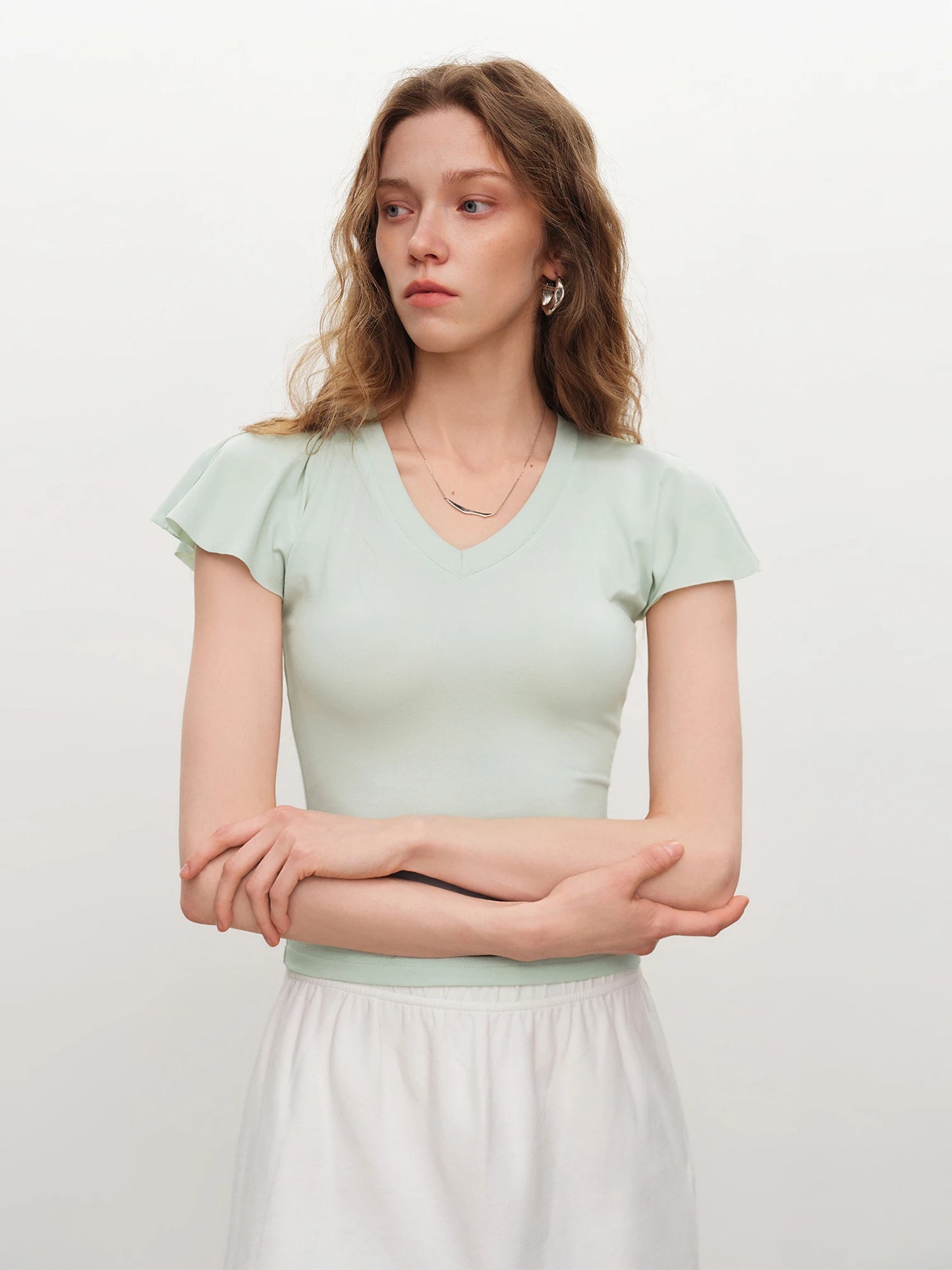 Pale Blue V-Neck Ruffle Tee