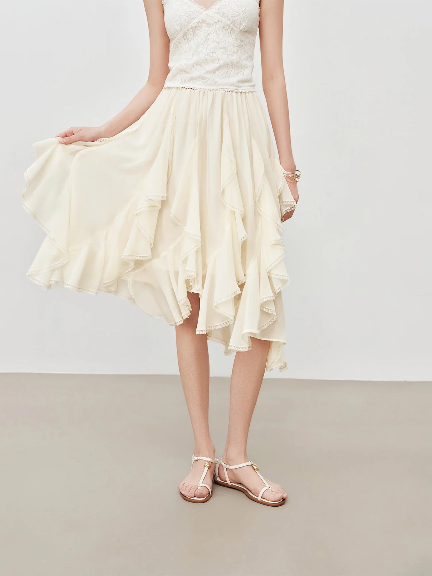 Ruffle Hem Chiffon Midi Skirt