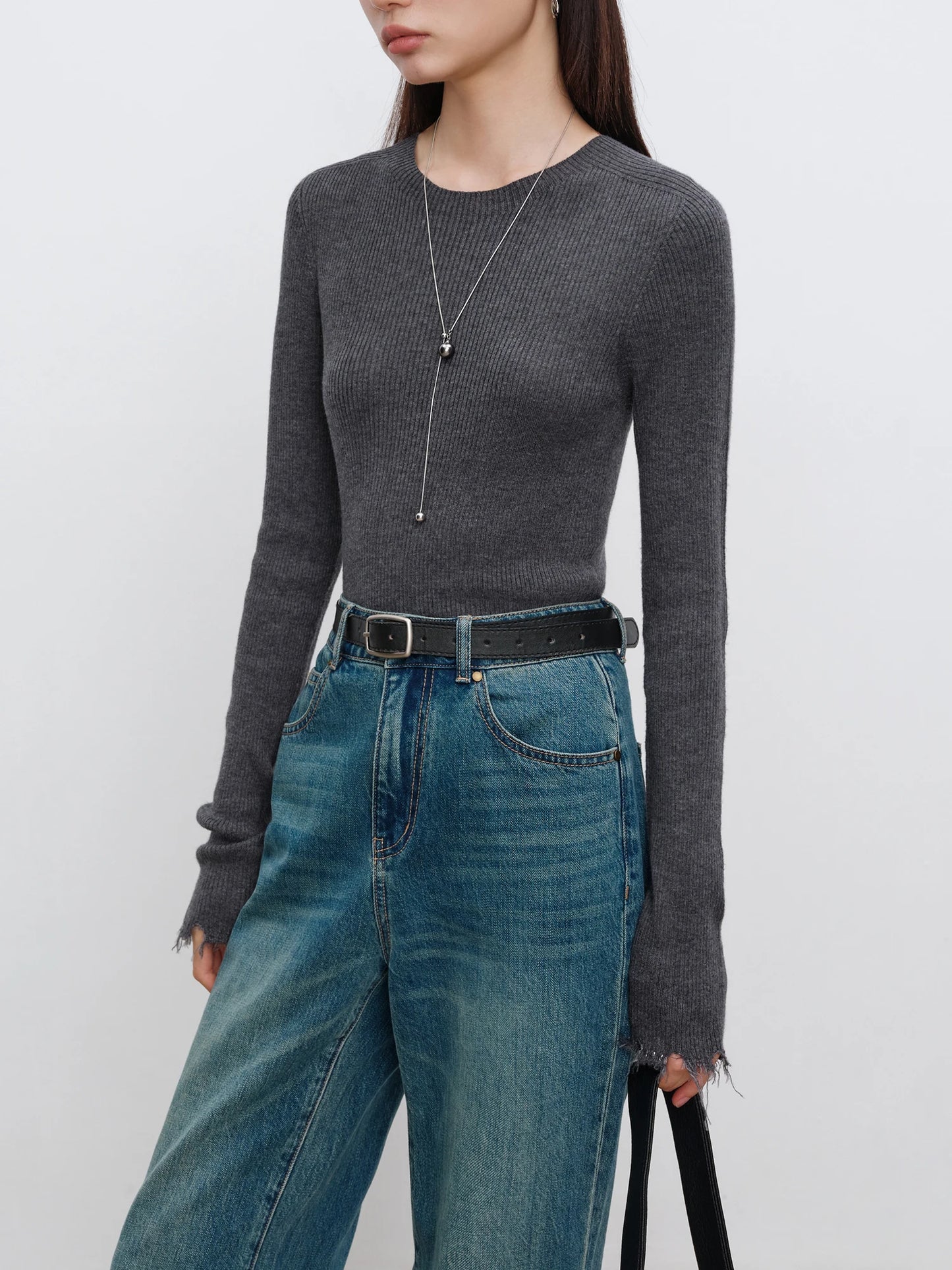 Ribbed Mock Neck Fringe Sweater