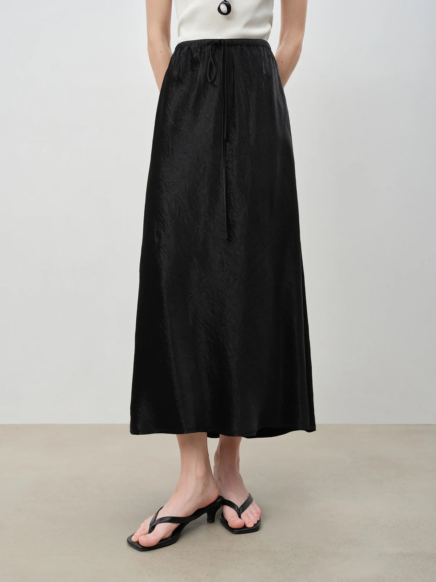 Black Gloss Drawstring Maxi Skirt