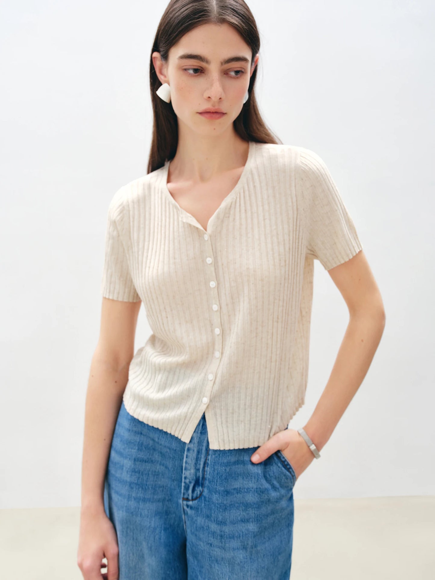 Oatmeal Ribbed Button Knit Top