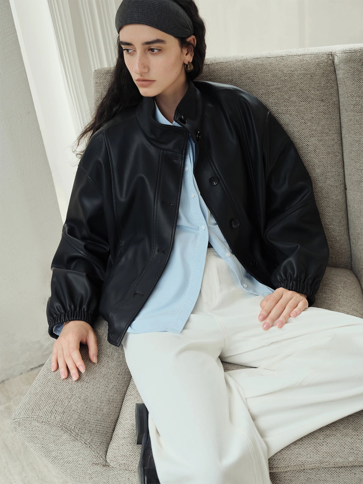 Black Stand Collar Leather Jacket
