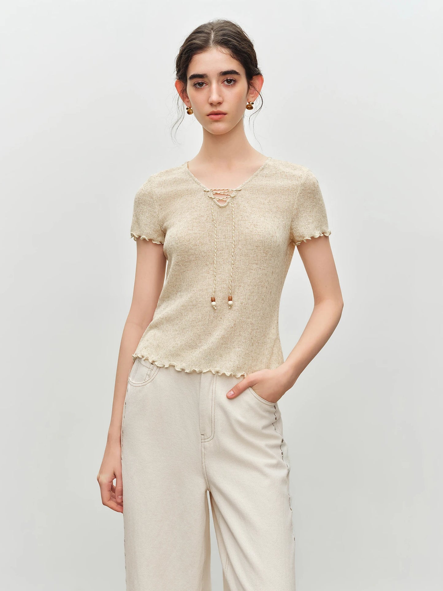 Oatmeal Lace Up Knit Top