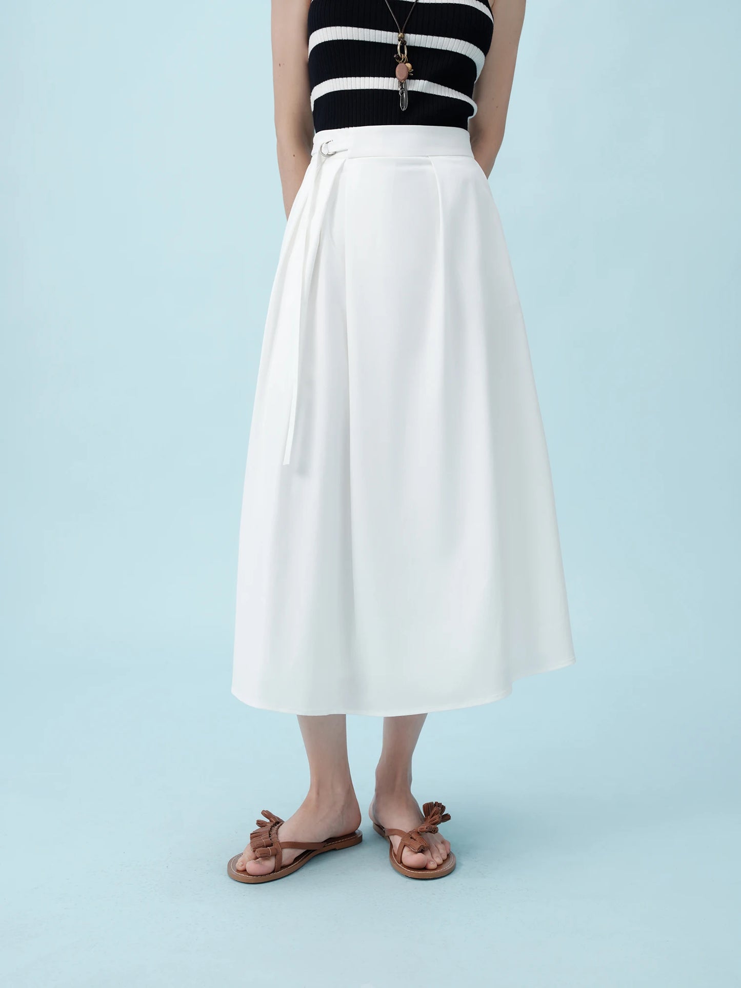 Navy Belted Pleated Maxi Skirt