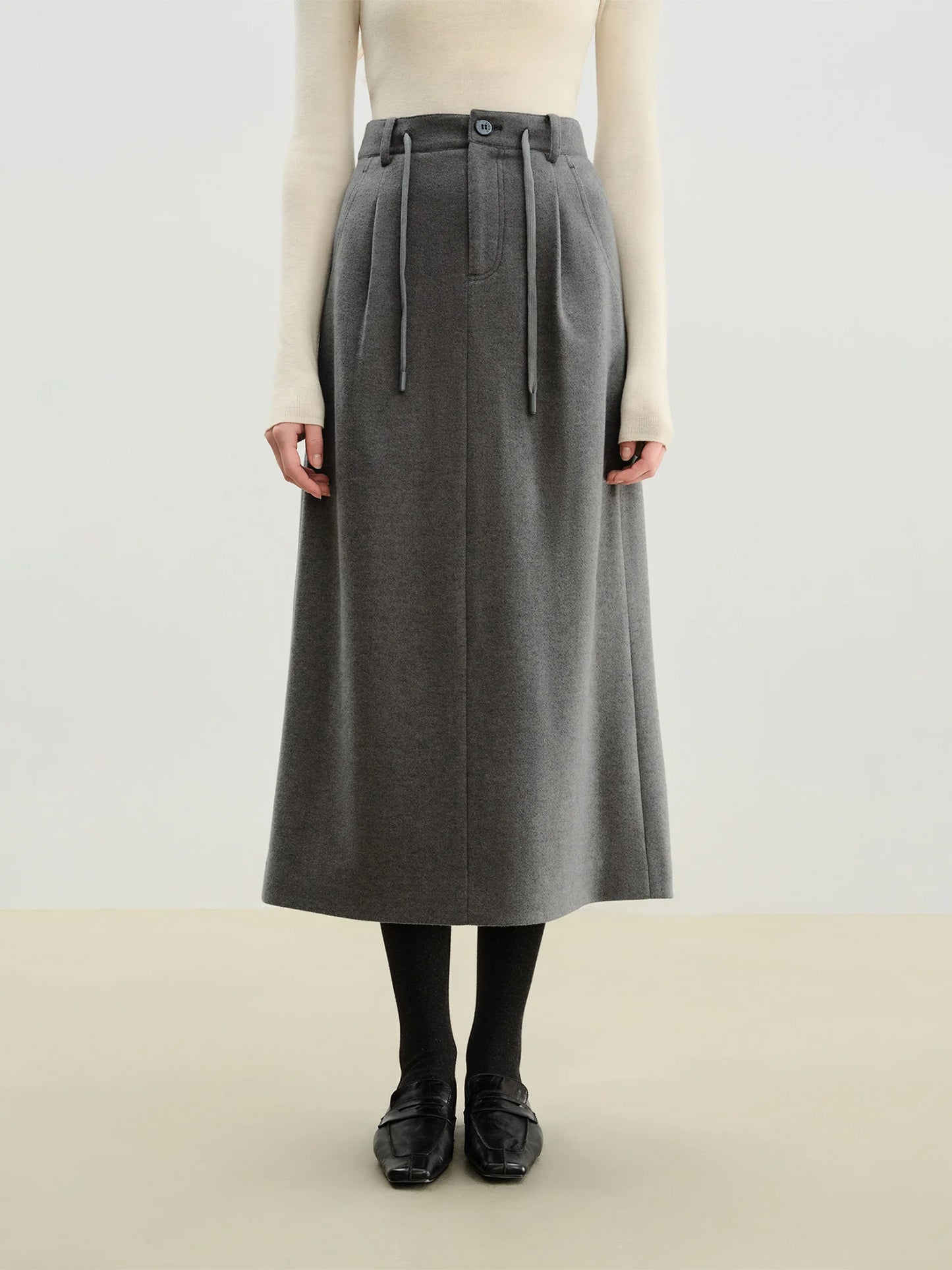Charcoal Wool Drawstring Midi Skirt