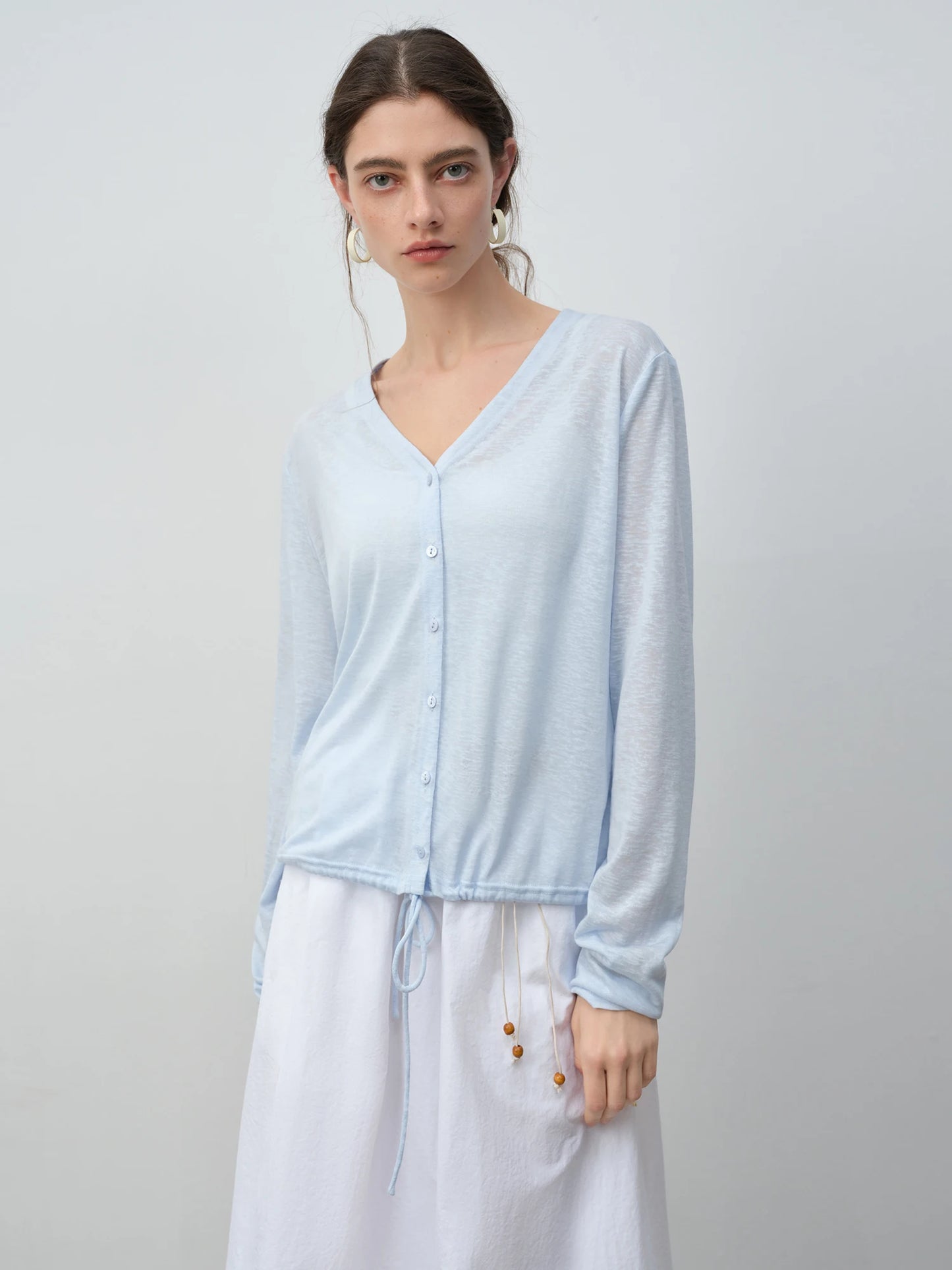Blue Drawstring Hem Knit Cardigan