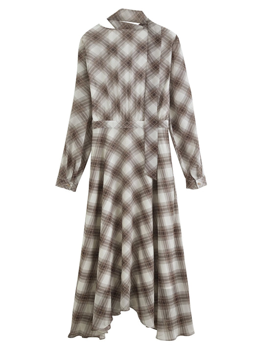 Plaid Ruffle Neck Midi Dress