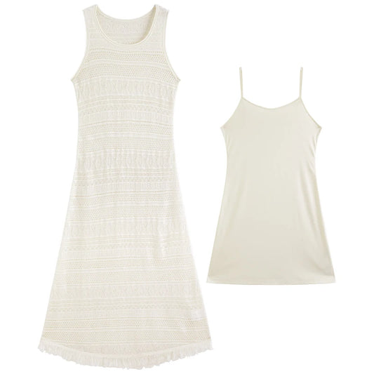 Cream Knit Sleeveless Midi Dress