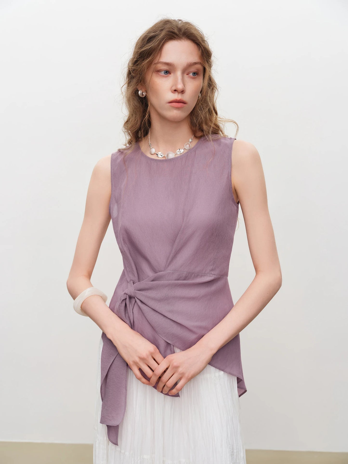 Mauve Tie Waist Sleeveless Blouse