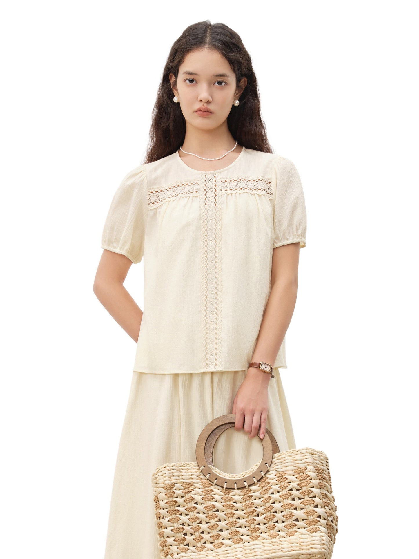 Cream Lace Cutout Skirt Set