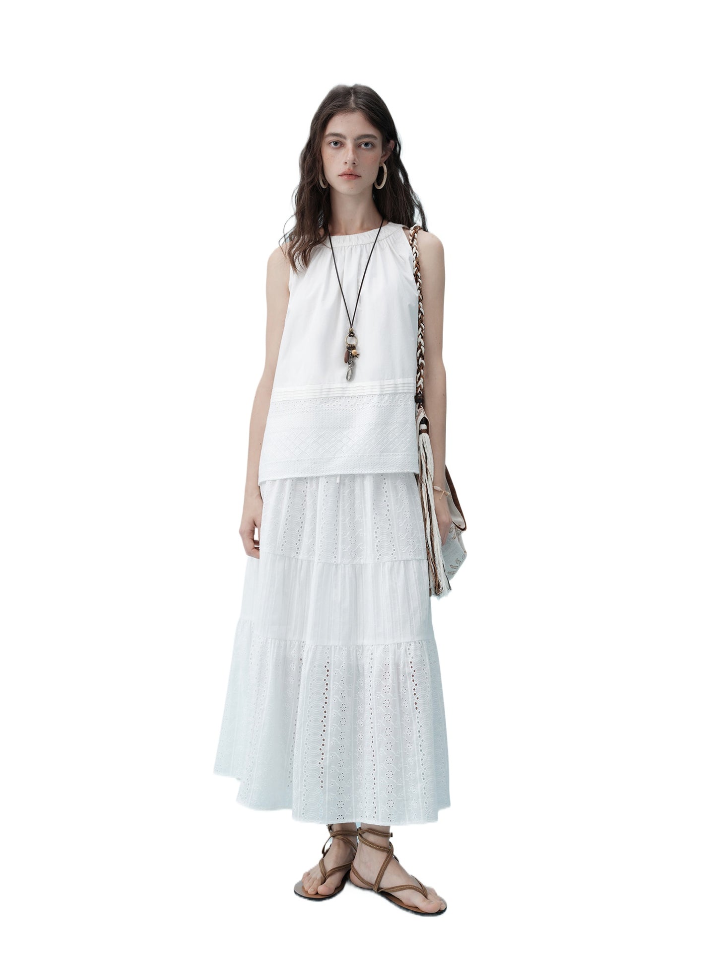 White Sleeveless Tiered Skirt Set