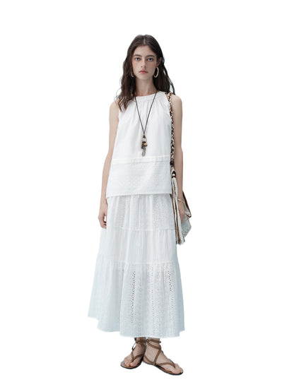 White Sleeveless Tiered Skirt Set