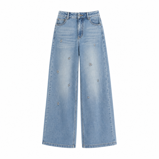 Light Blue Embroidered Wide Jeans