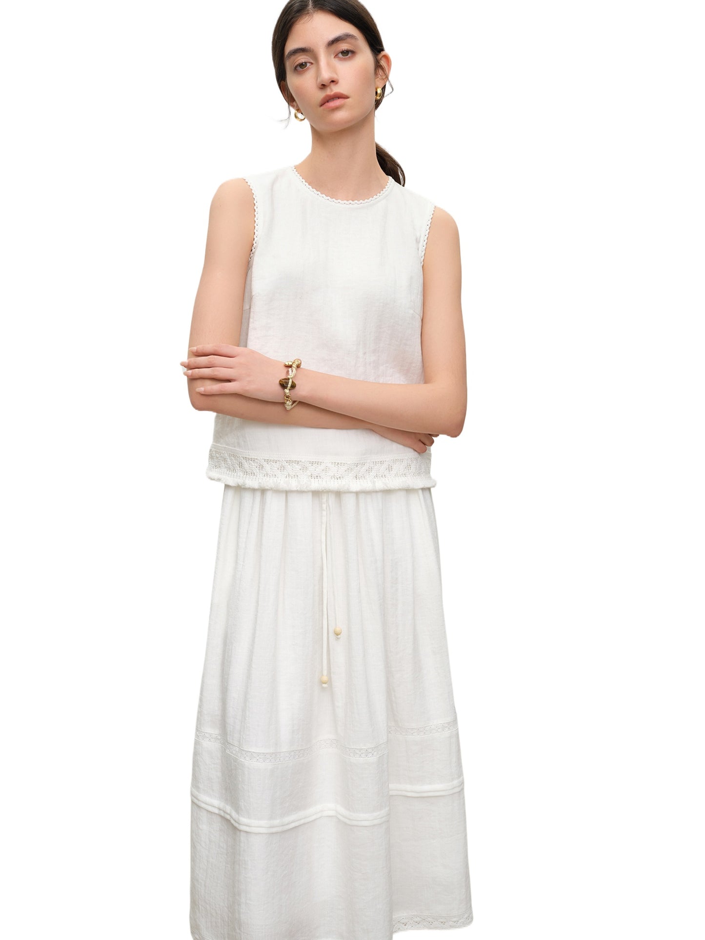 White O-Neck Midi Skirt Set