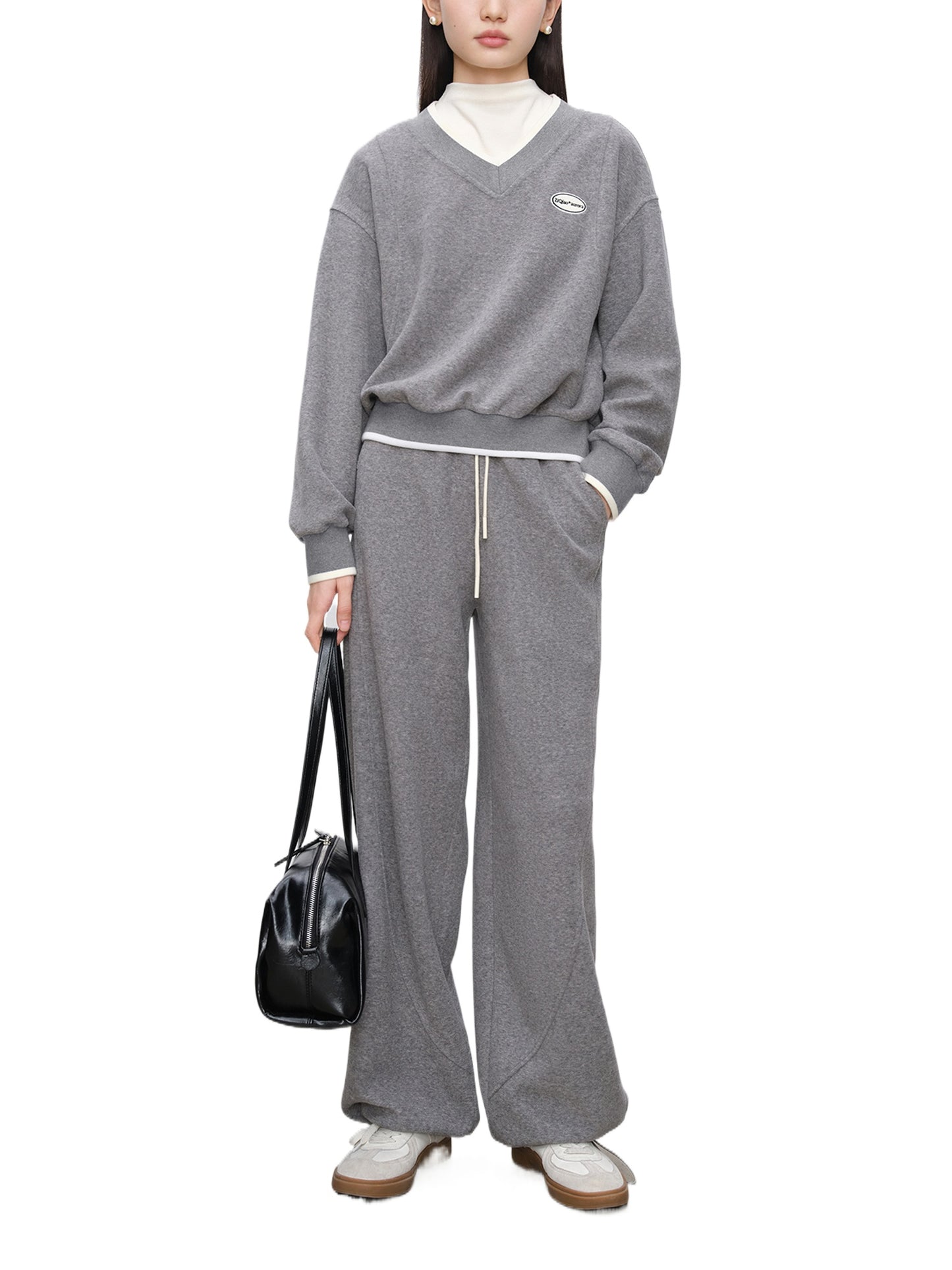 Contrast V-Neck Sweatshirt Pants Set