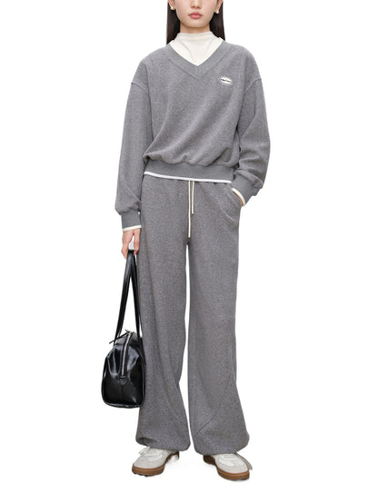 Contrast V-Neck Sweatshirt Pants Set