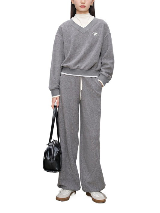 Contrast V-Neck Sweatshirt Pants Set