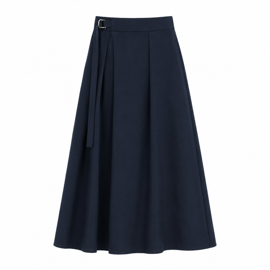 Navy Belted Pleated Maxi Skirt