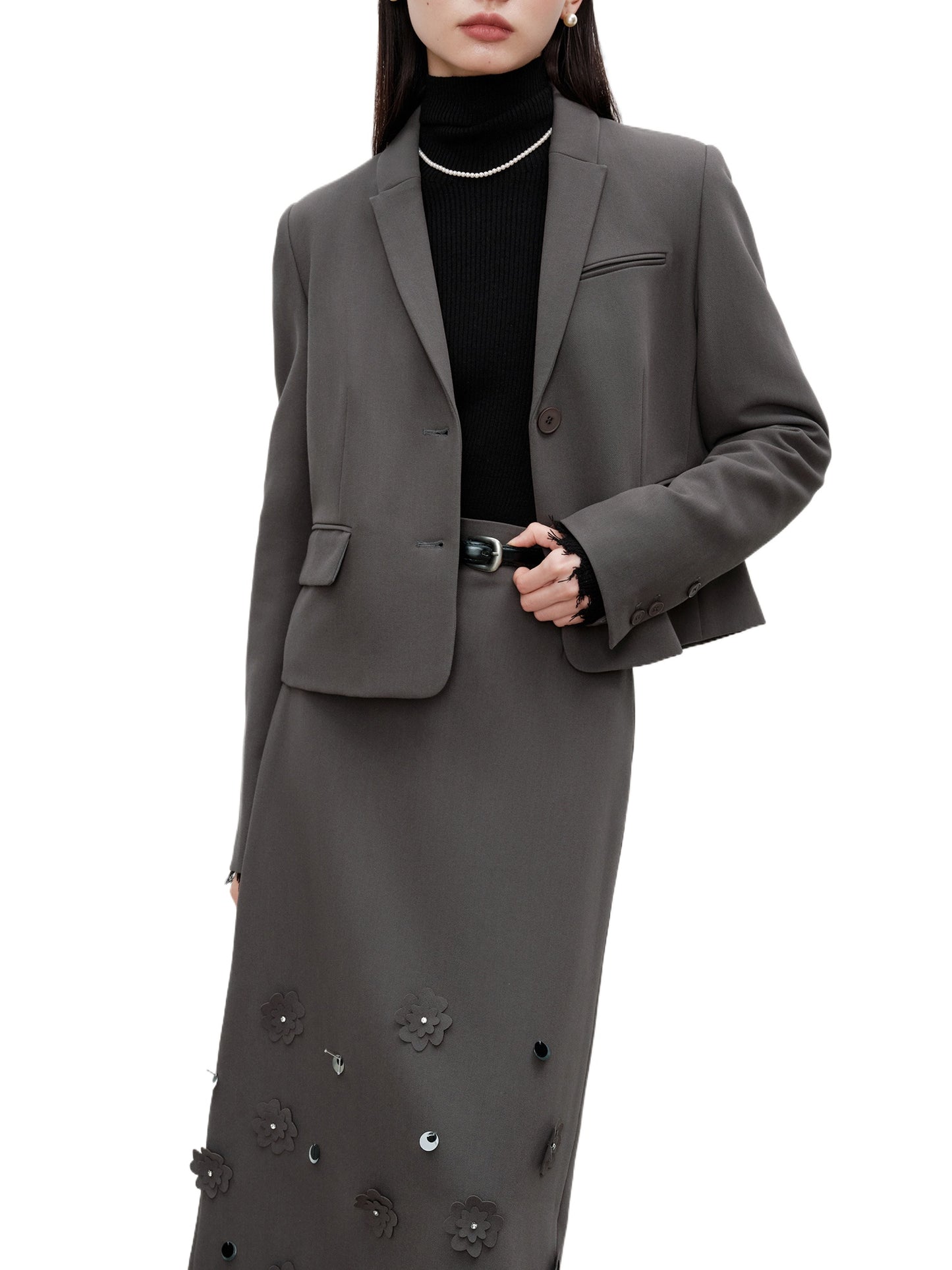 Charcoal Blazer Embellished Skirt Set