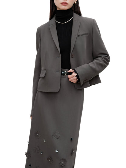 Charcoal Blazer Embellished Skirt Set