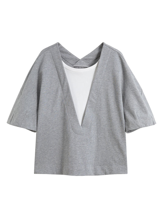 Gray Layered V-Neck Knit Top