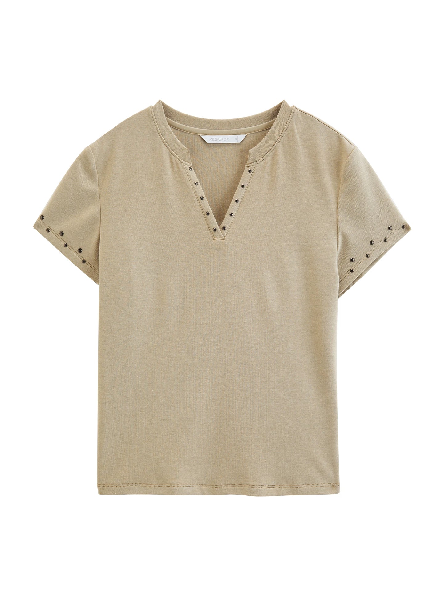 Brown Studded V-Neck Tee