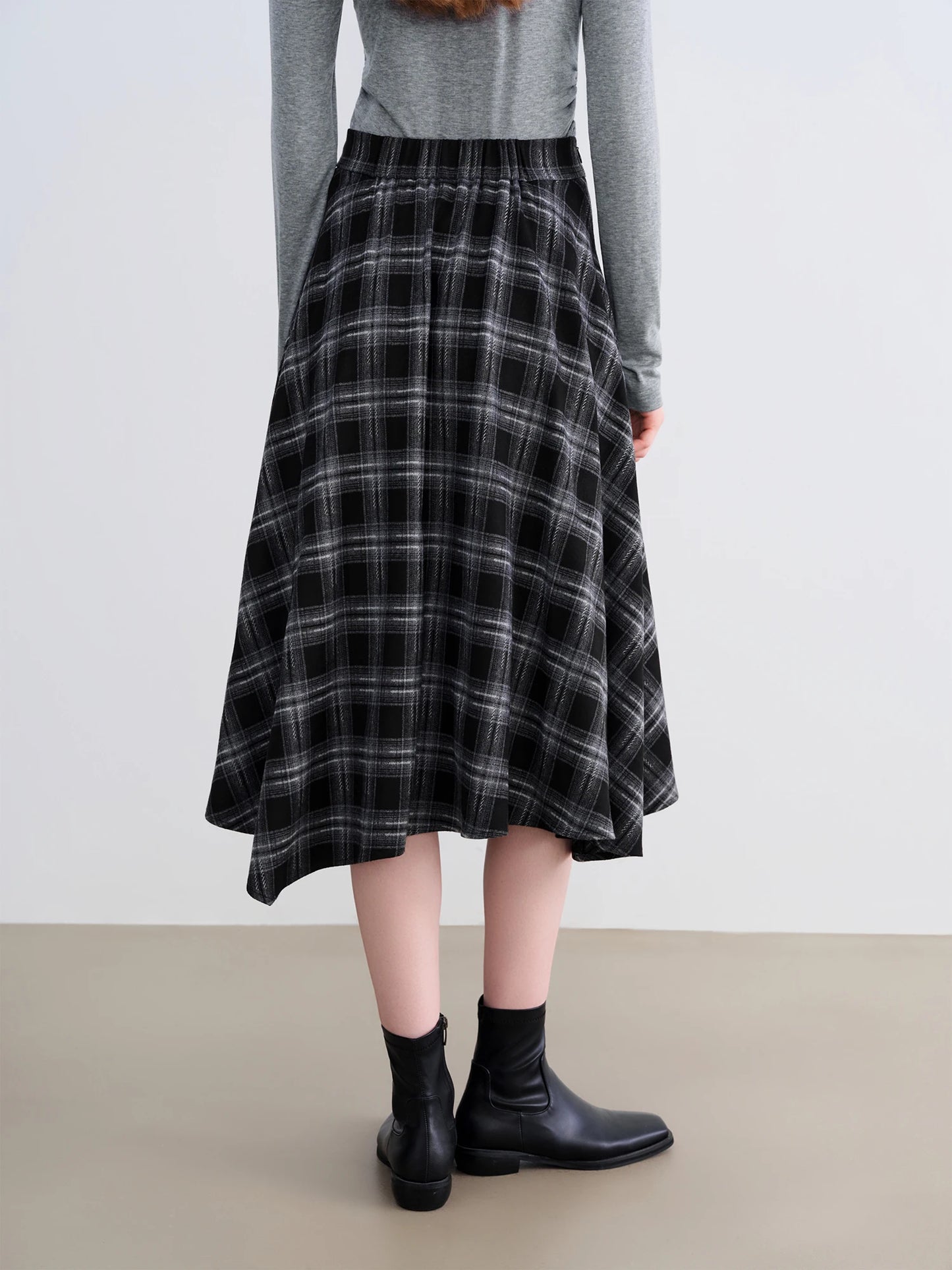 Black Plaid Swing Midi Skirt