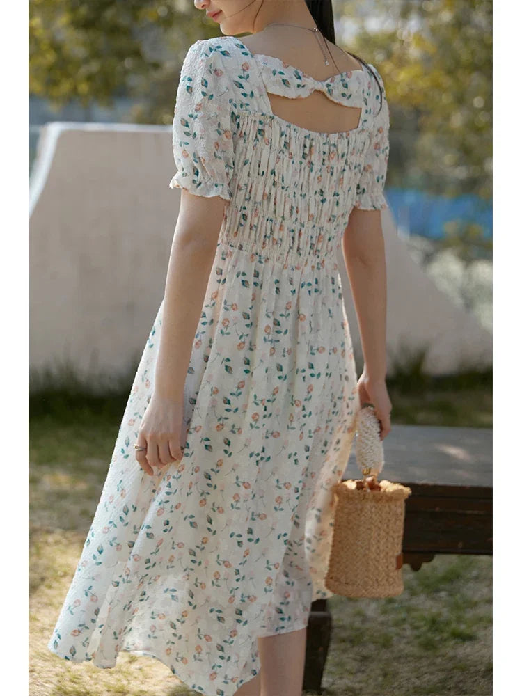 Blue Floral Square Neck Dress