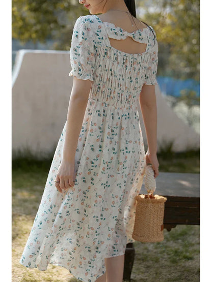 Blue Floral Square Neck Dress