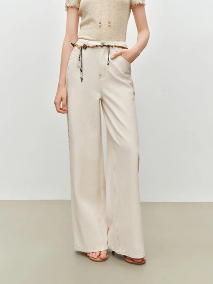 Ivory Embroidered Wide Leg Jeans