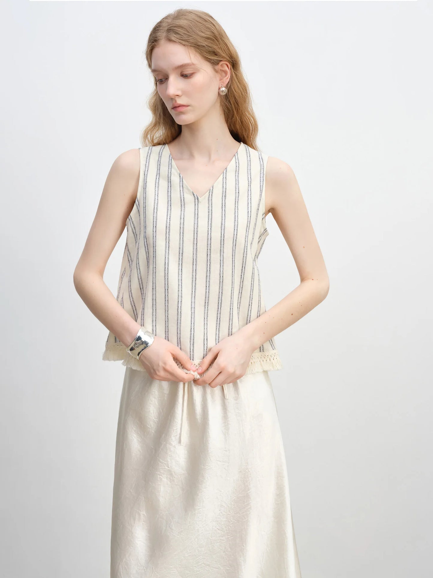 White Striped Sleeveless Linen Top