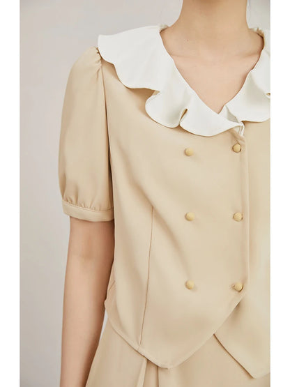 Beige Ruffle Collar Chiffon Blouse