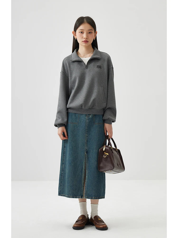 Washed Denim Straight Slit Skirt