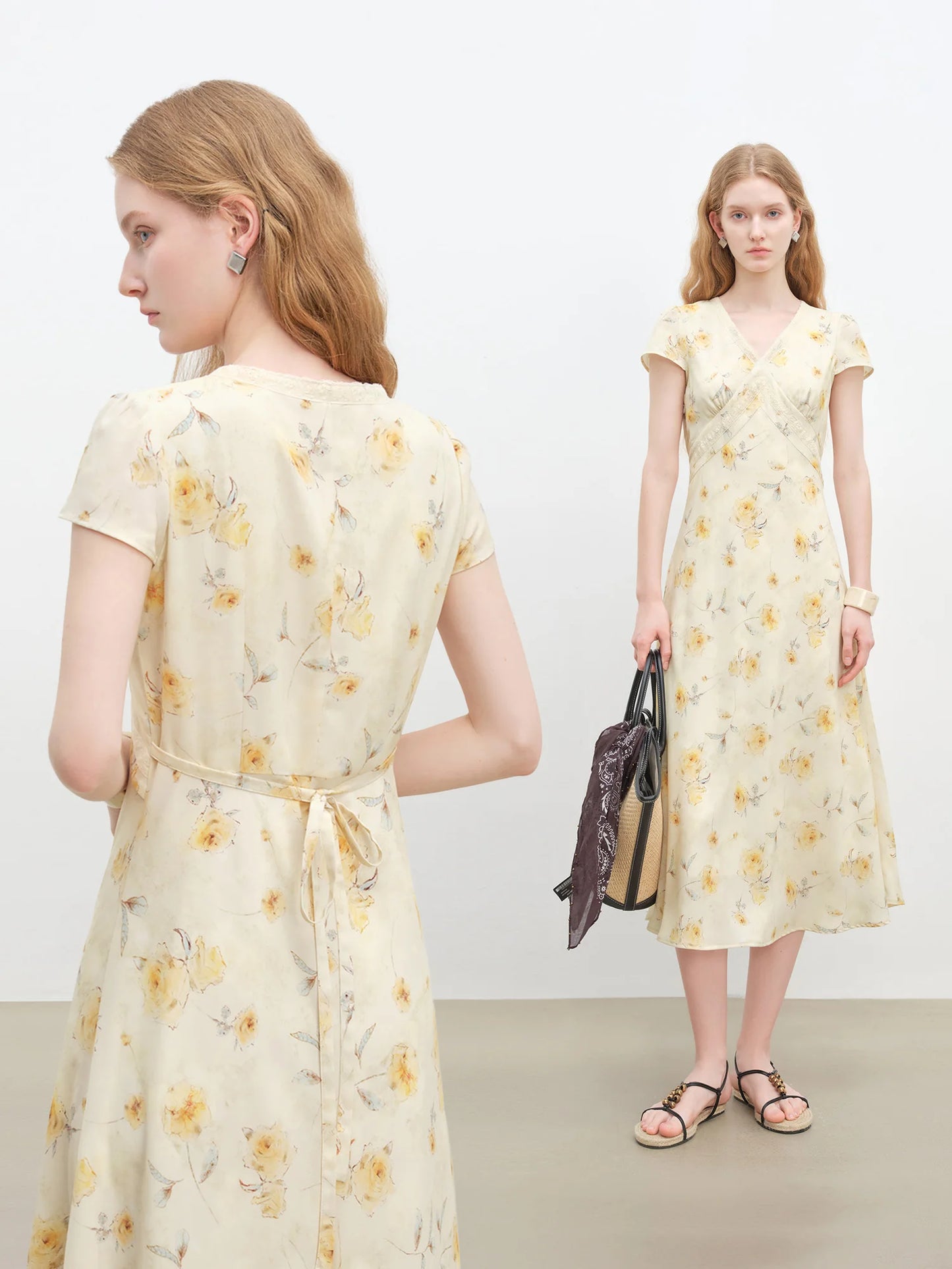Yellow Floral V-Neck Dress