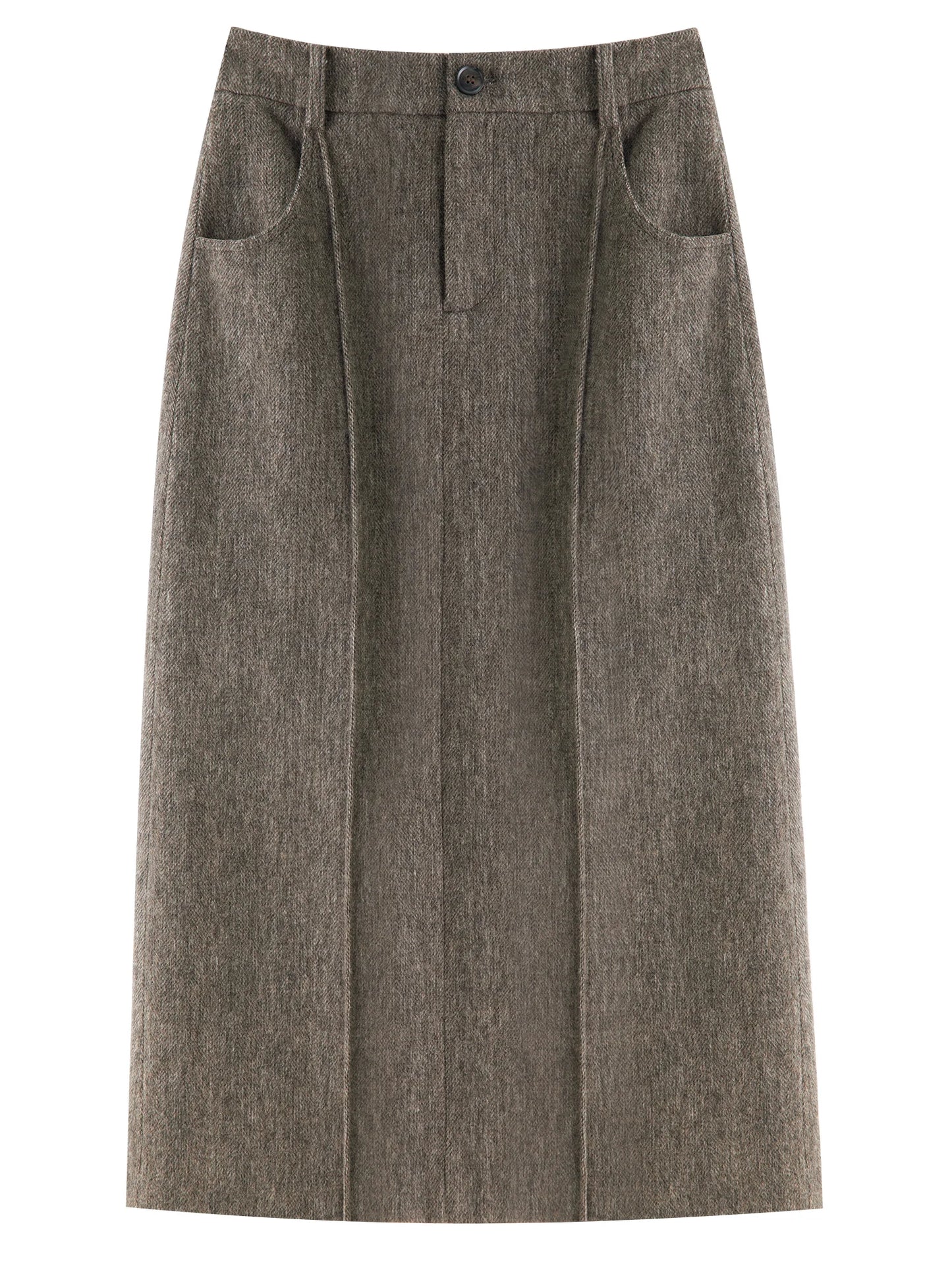 Taupe Wool Straight Midi Skirt