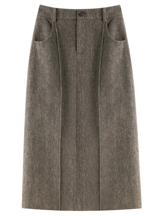 Taupe Wool Straight Midi Skirt