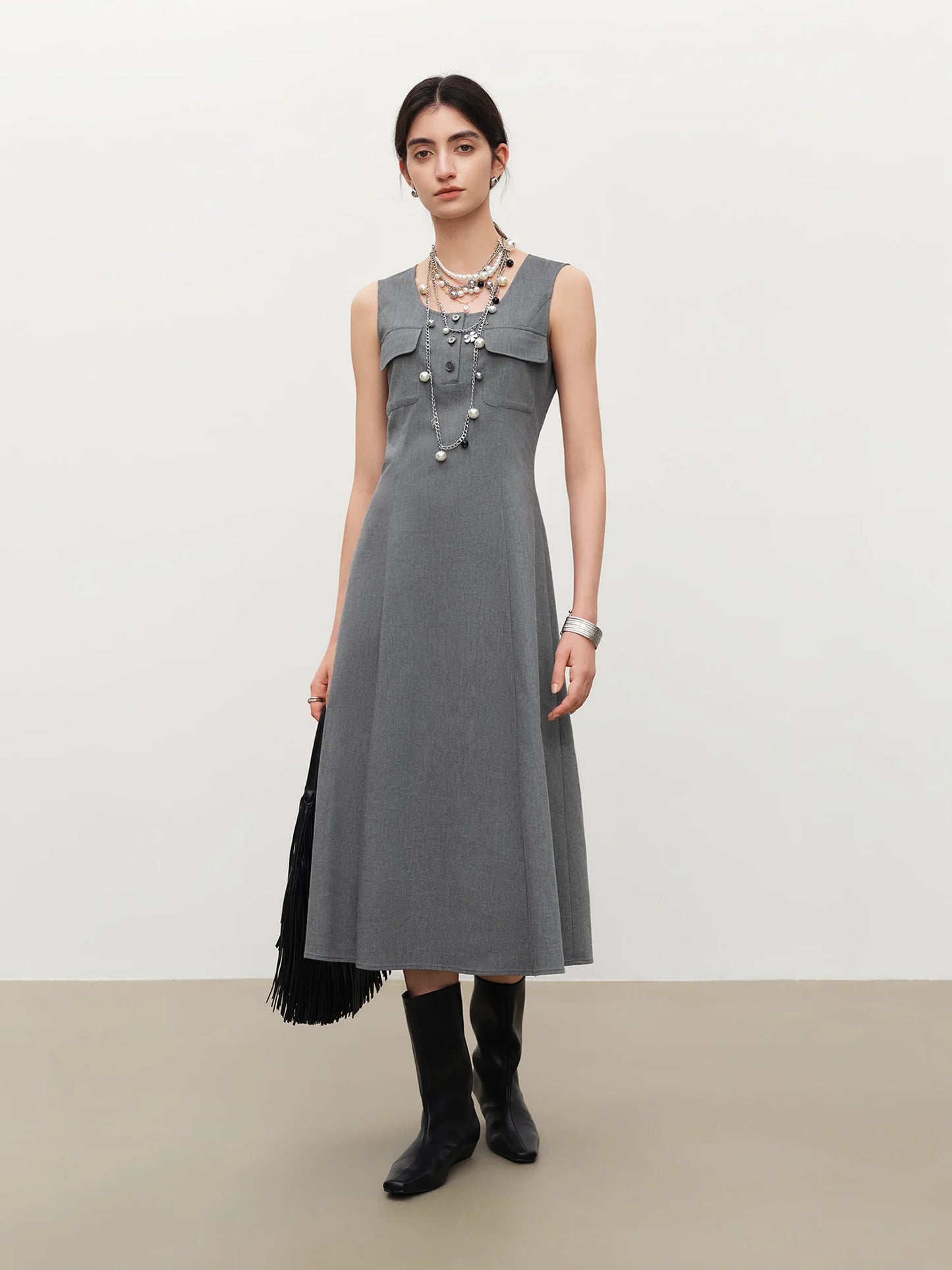 Grey Utility Pocket Midi Dress