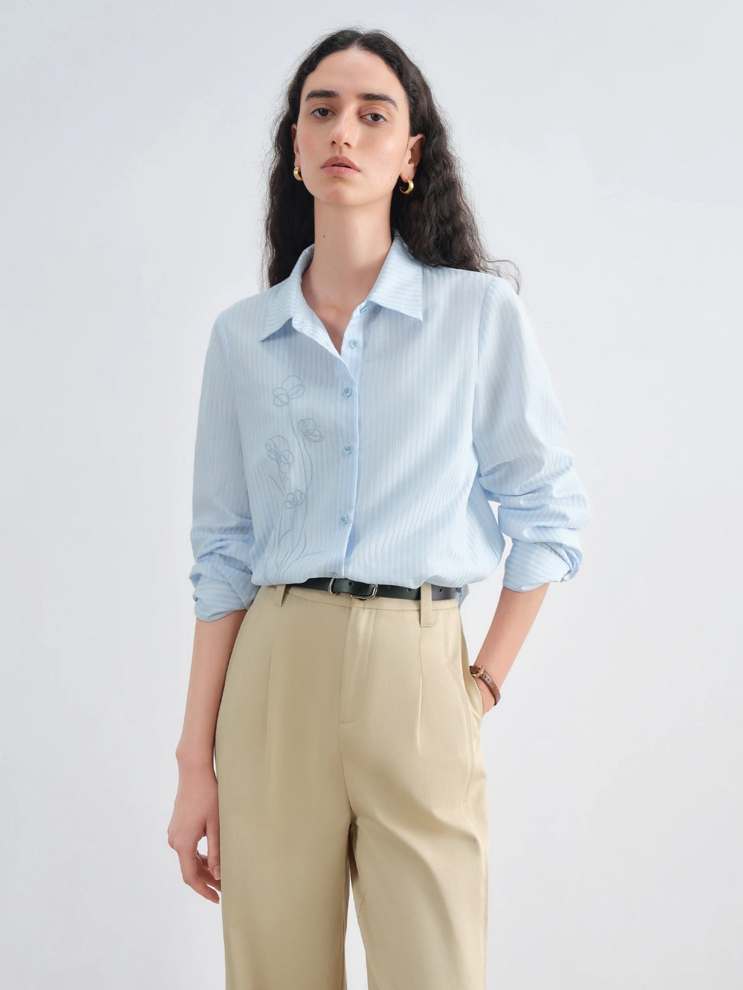 Light Blue Floral Embroidered Shirt