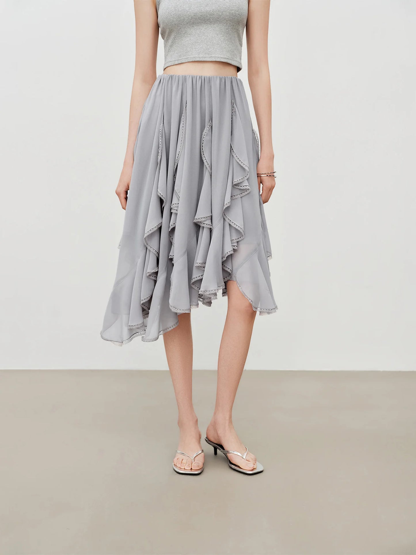 Ruffle Hem Chiffon Midi Skirt
