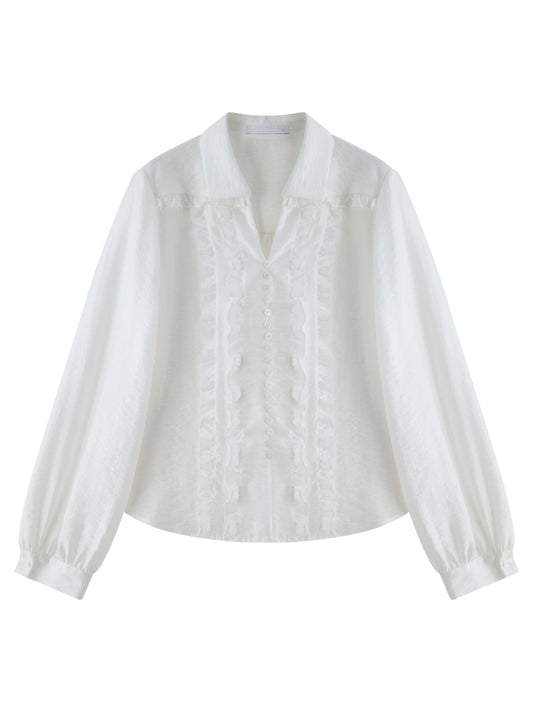 White Lace Trim Button Blouse